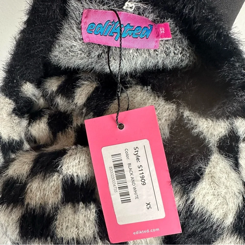 Edikted Cropped Fuzzy Black & White Checkered Sweater Womens Size XS New Jumper - Picture 7 of 8